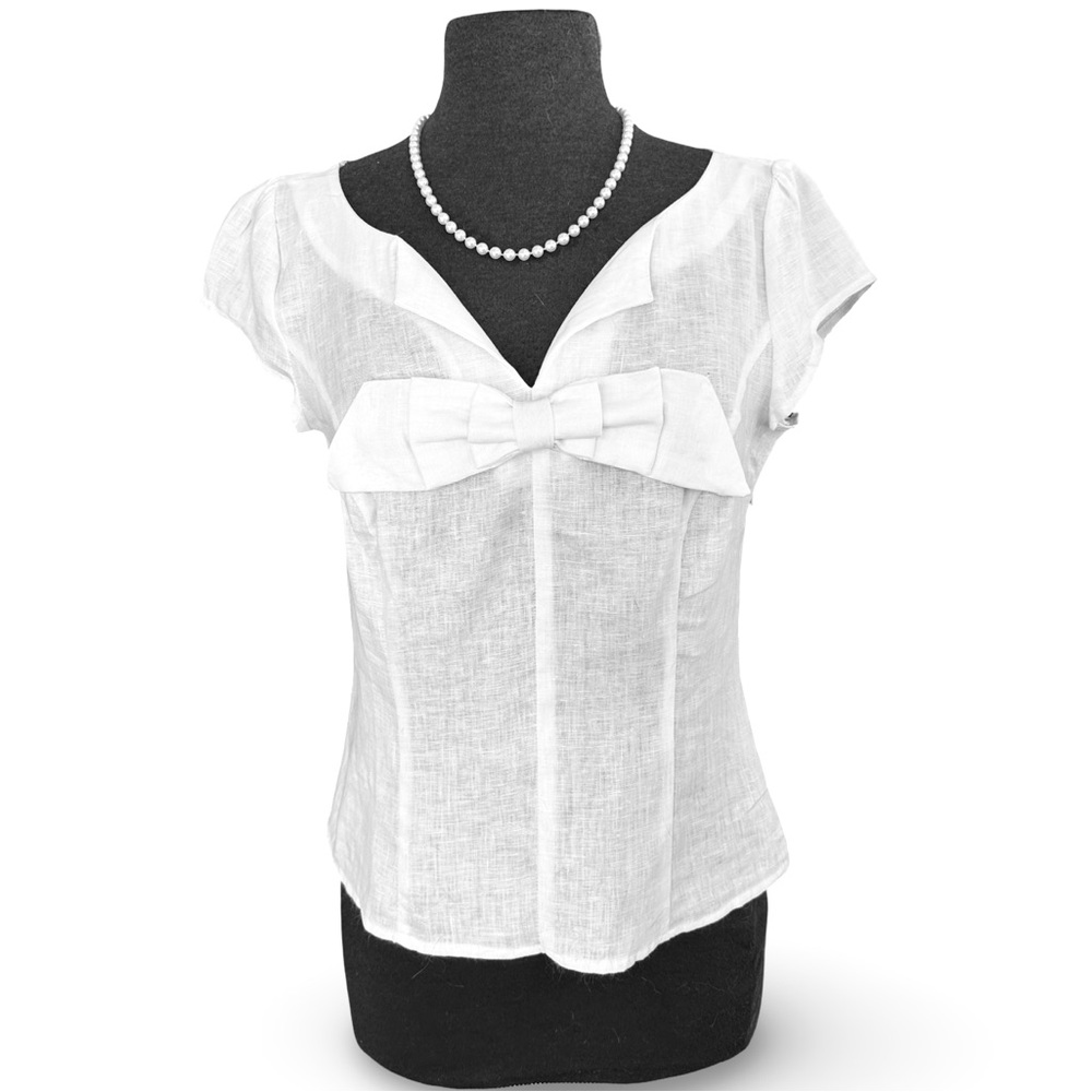 100% Linen Cap Sleeve Princess Blouse Empire Waist Knot Bow Hidden Zipper Size M